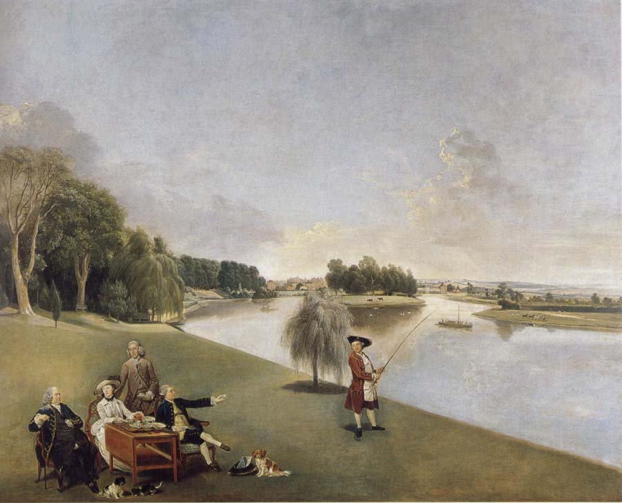 Johann Zoffany A View of the grounds of Hampton House with Mrs and Mrs Garrick taking tea